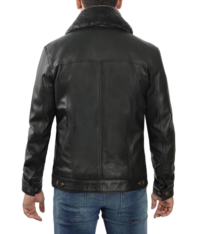 Black Shearling Collar Leather Trucker Jacket