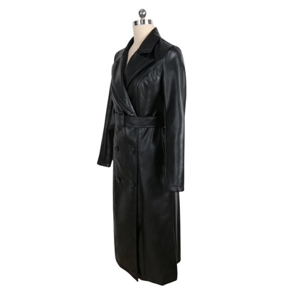 Genuine Leather Double-Breasted Black Trench Coat