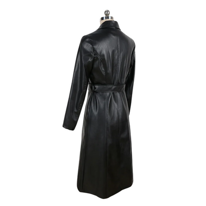 Genuine Leather Double-Breasted Black Trench Coat