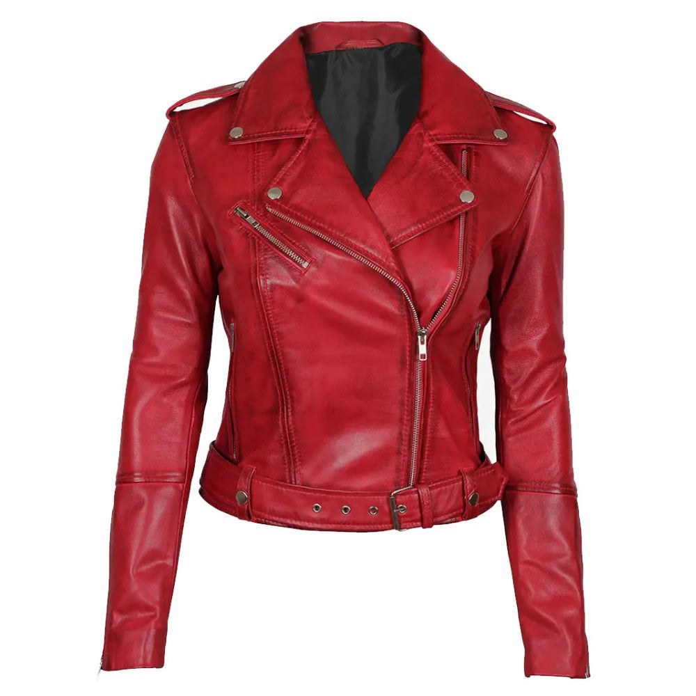 Margaret Women’s Red Asymmetrical Moto Leather Jacket