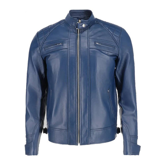 Men’s premium blue real leather biker jacket featuring a stand-up erect collar, zippered front, and four outside pockets.