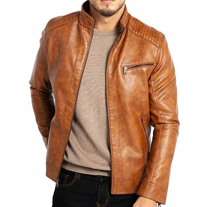 Men’s premium brown real leather jacket featuring a belted collar, light shoulder pads, and a slanted zippered chest pocket.
