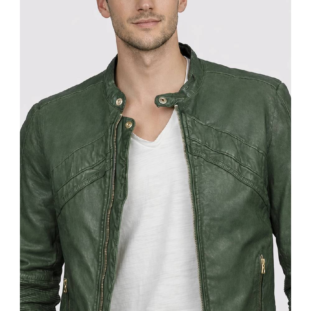 Men’s slim-fit green faux leather biker jacket featuring a snap-tab collar, YKK zipper closure, and unique snap-tab over zipper cuffs