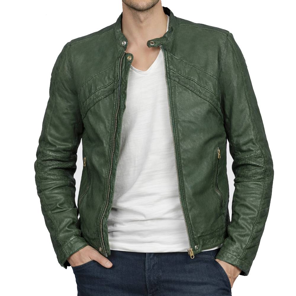 Men’s slim-fit green faux leather biker jacket featuring a snap-tab collar, YKK zipper closure, and unique snap-tab over zipper cuffs