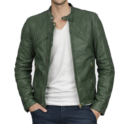 Men’s slim-fit green faux leather biker jacket featuring a snap-tab collar, YKK zipper closure, and unique snap-tab over zipper cuffs