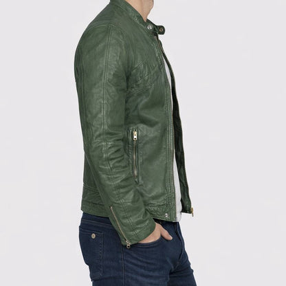 Men’s slim-fit green faux leather biker jacket featuring a snap-tab collar, YKK zipper closure, and unique snap-tab over zipper cuffs