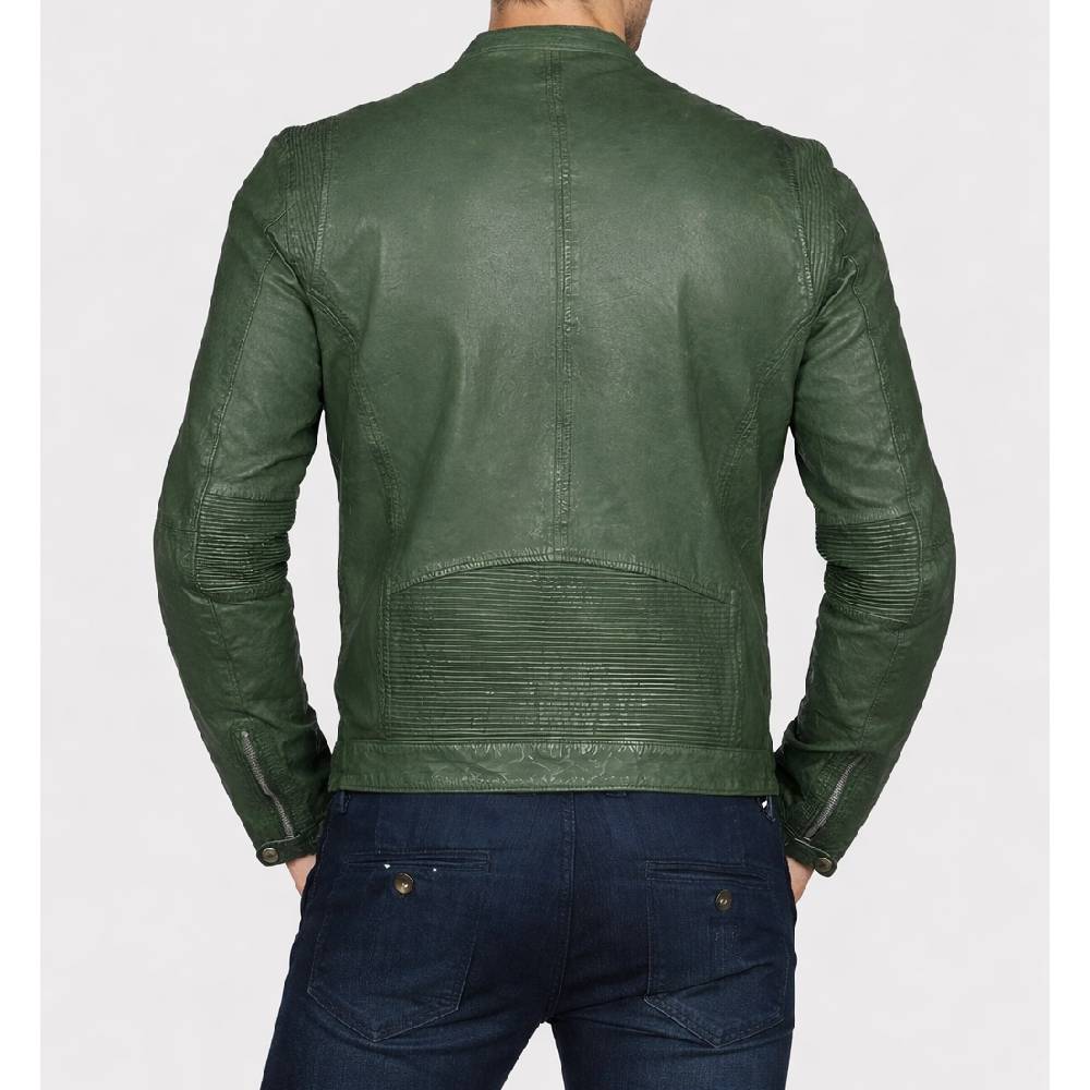 Men’s slim-fit green faux leather biker jacket featuring a snap-tab collar, YKK zipper closure, and unique snap-tab over zipper cuffs