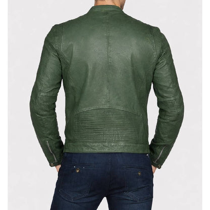 Men’s slim-fit green faux leather biker jacket featuring a snap-tab collar, YKK zipper closure, and unique snap-tab over zipper cuffs