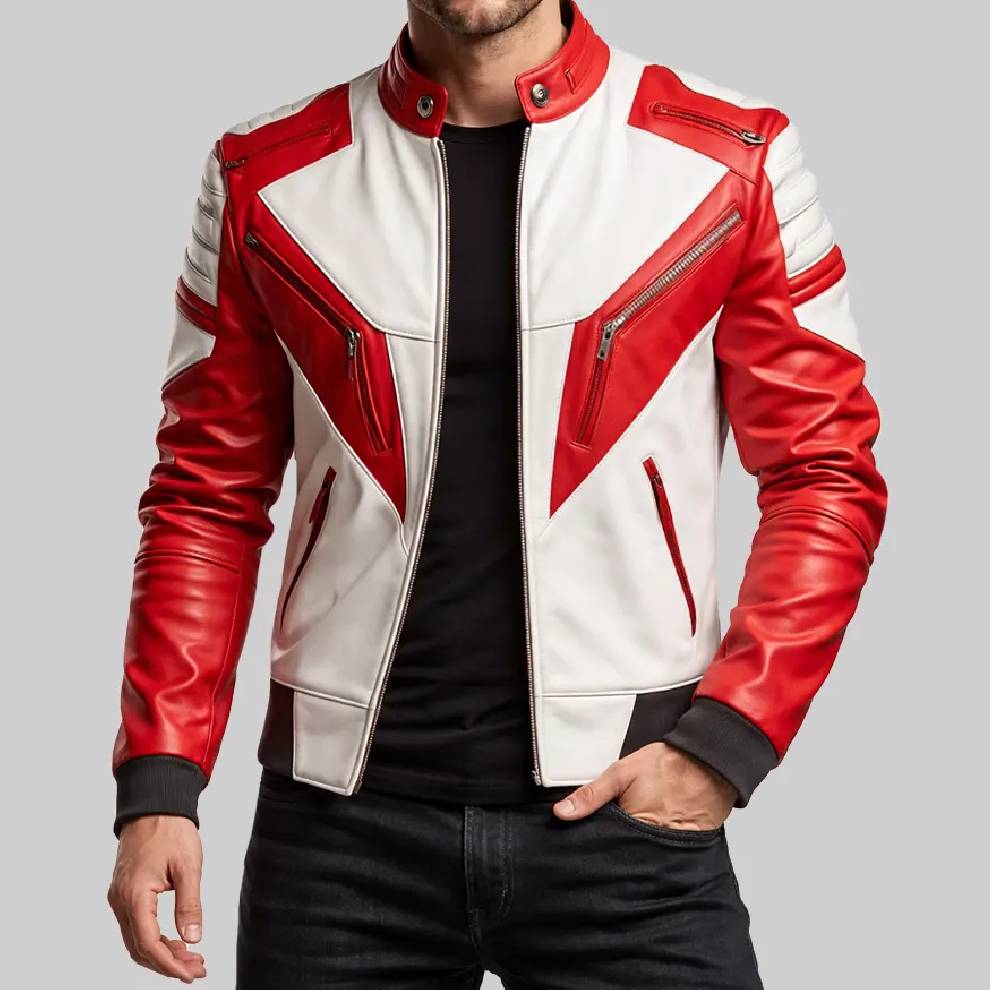 Red and white leather jacket worn by a person on a gray background