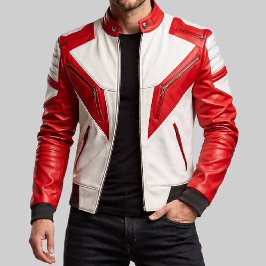 Red and white leather jacket worn by a person on a gray background