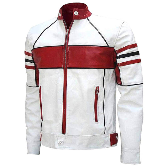 Men’s premium white and red real leather moto jacket featuring a stand-up collar, YKK zipper closure, and classic buttoned cuffs.
