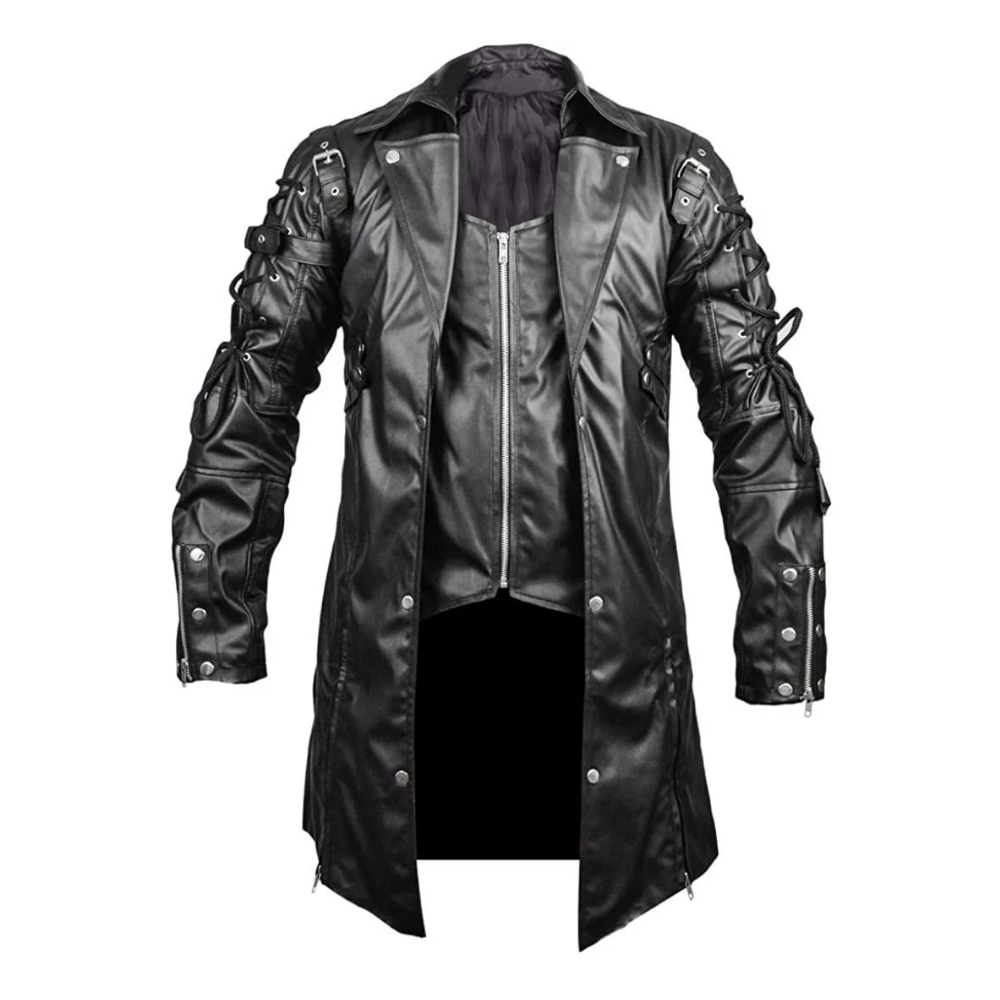 Men's Full-Sleeve Black Gothic Leather Trench Coat