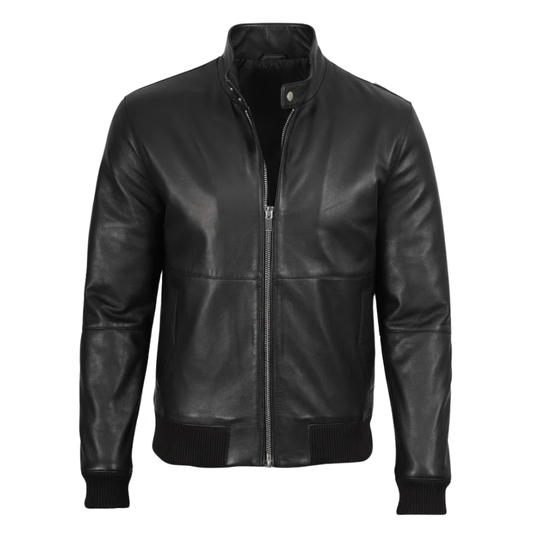 Internal view of a men's black lambskin leather bomber jacket showing the soft lining and pockets