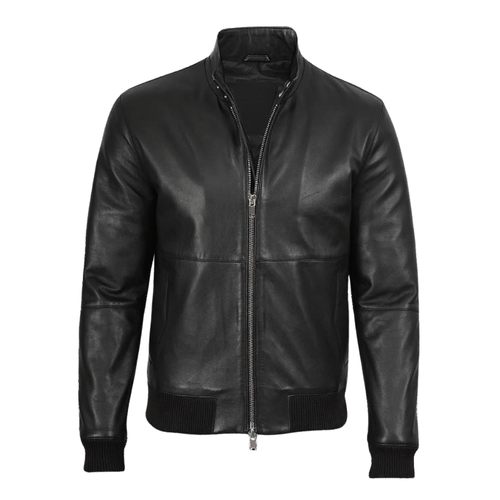 Internal view of a men's black lambskin leather bomber jacket showing the soft lining and pockets