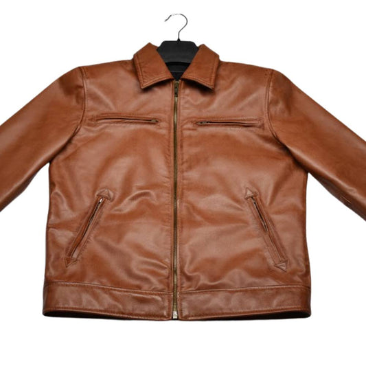 Premium men’s tan brown genuine leather jacket with classic shirt collar and slim fit design