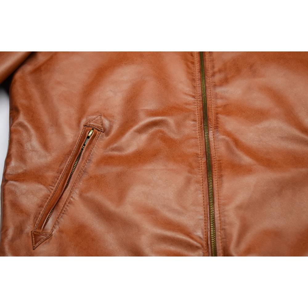 Premium men’s tan brown genuine leather jacket with classic shirt collar and slim fit design