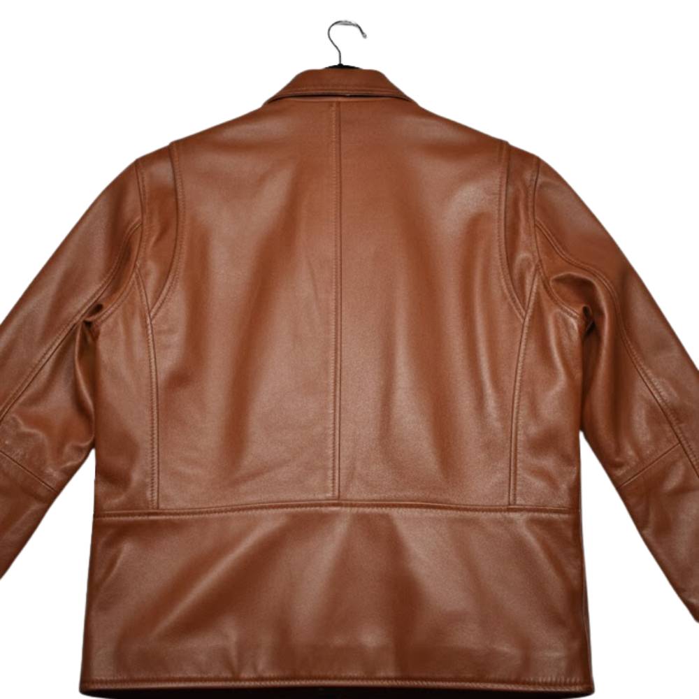 Premium men’s tan brown genuine leather jacket with classic shirt collar and slim fit design