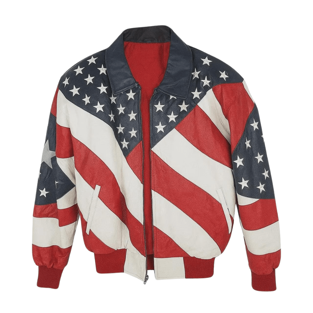 Men's Vintage American Flag Leather Bomber Jacket | 90s Retro Biker Style Outerwear