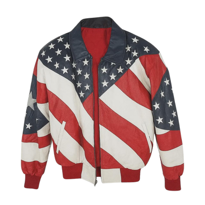 Retro Biker Jacket, USA Flag Coat, Mens Leather, Michael Style, Genuine Leather
