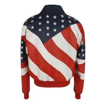 Retro Biker Jacket, USA Flag Coat, Mens Leather, Michael Style, Genuine Leather