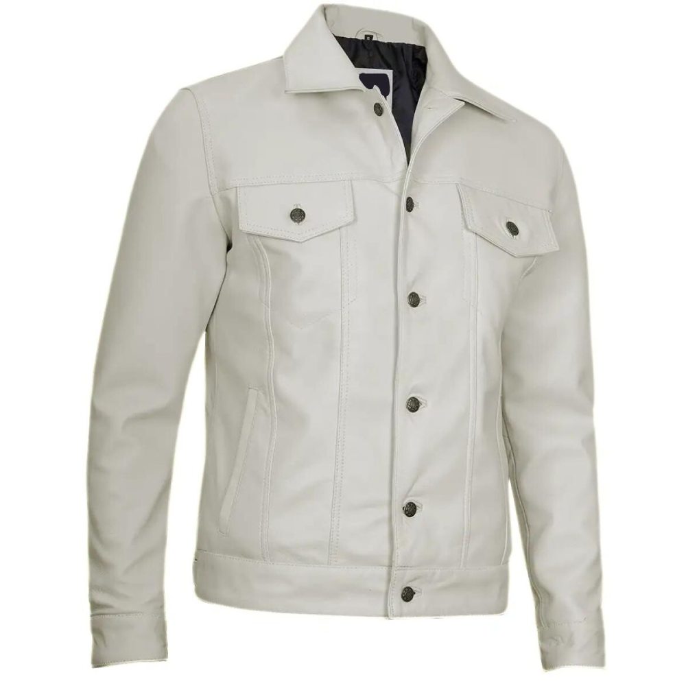 White Leather Trucker Biker Jacket