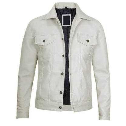 White Leather Trucker Biker Jacket