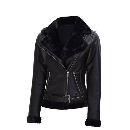 Women's Black Shearling Biker Jacket