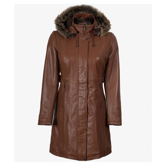 Women's Brown Leather Jacket with Removable Faux Shearling Hood