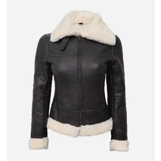 Women's Dark Brown Real Lambskin Leather Aviator Jacket with Faux Shearling Collar and Cuffs.
