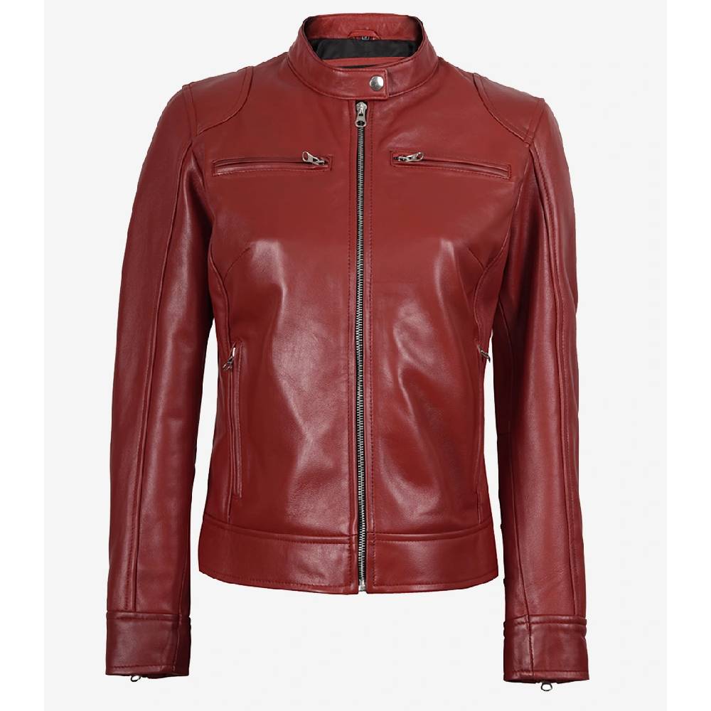 Women’s premium red real leather biker jacket with a snap-tab collar, zipper closure, and four zippered outside pockets.