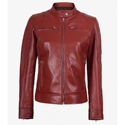 Women’s premium red real leather biker jacket with a snap-tab collar, zipper closure, and four zippered outside pockets.