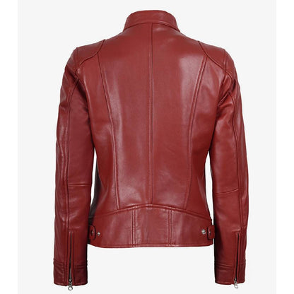 Women’s premium red real leather biker jacket with a snap-tab collar, zipper closure, and four zippered outside pockets.