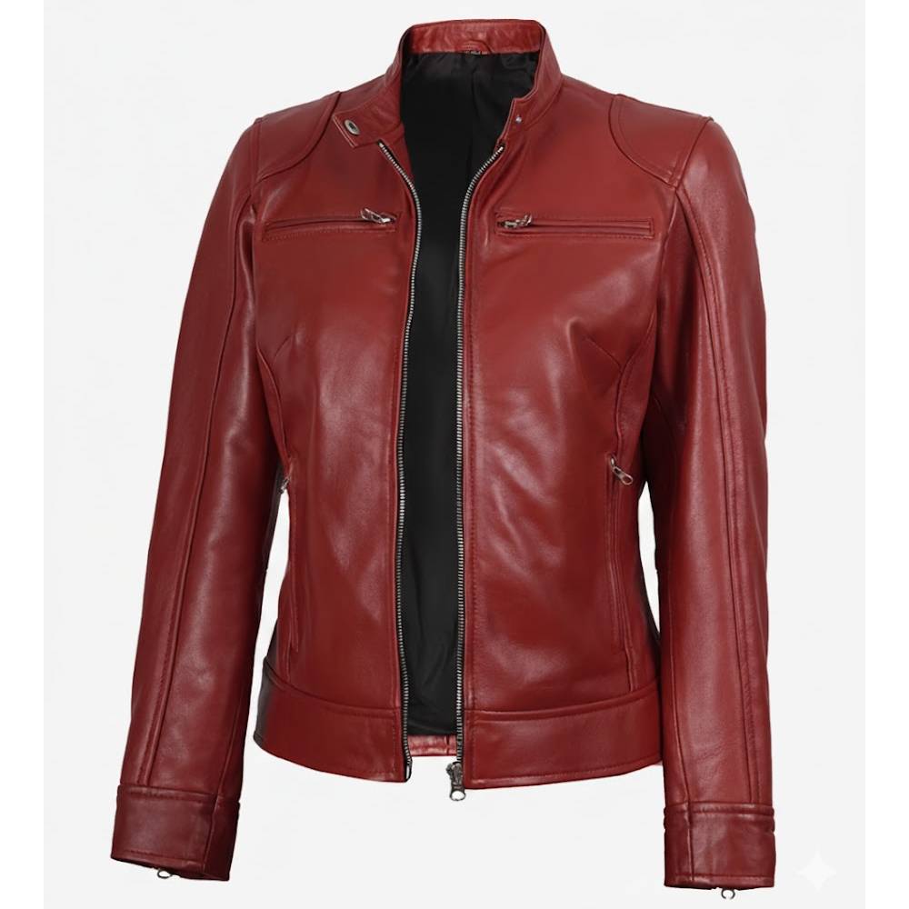 Women’s premium red real leather biker jacket with a snap-tab collar, zipper closure, and four zippered outside pockets.