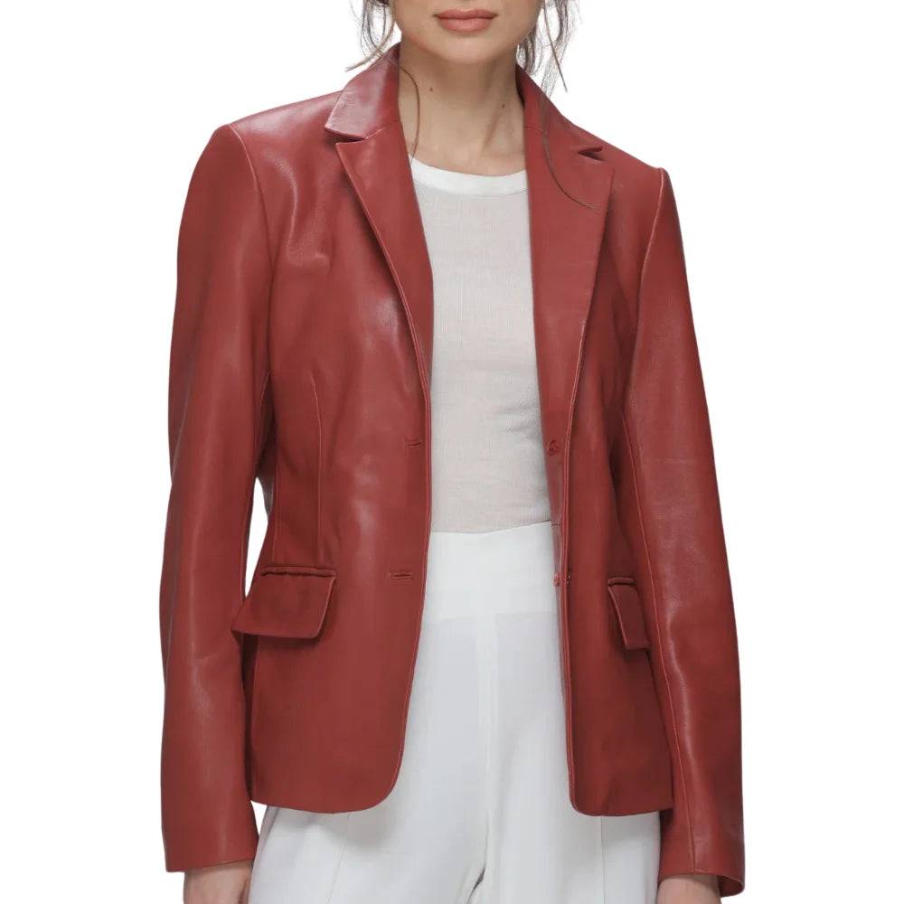 Women’s red real lambskin leather blazer featuring a professional notch lapel, single-button closure, and two outside flap pockets.