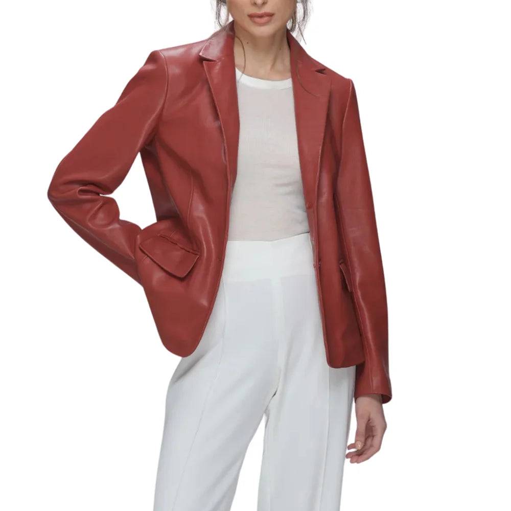 Women’s red real lambskin leather blazer featuring a professional notch lapel, single-button closure, and two outside flap pockets.