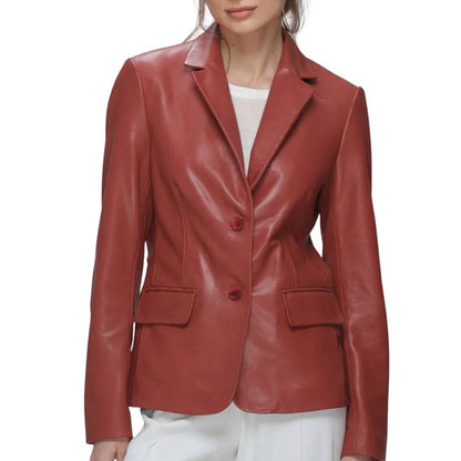 Women’s red real lambskin leather blazer featuring a professional notch lapel, single-button closure, and two outside flap pockets.