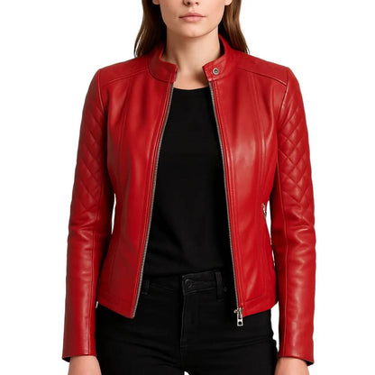 Women’s red quilted lambskin leather café racer jacket with shoulder quilting, asymmetrical left-side zipper, and a snap button collar.