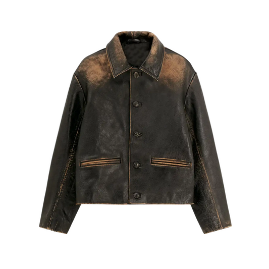Women's Distressed Black Real Leather Jacket - Emily Ratajkowski Style