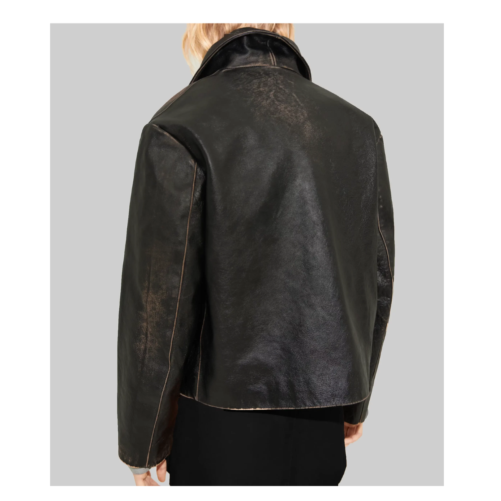 Women's Distressed Black Real Leather Jacket - Emily Ratajkowski Style