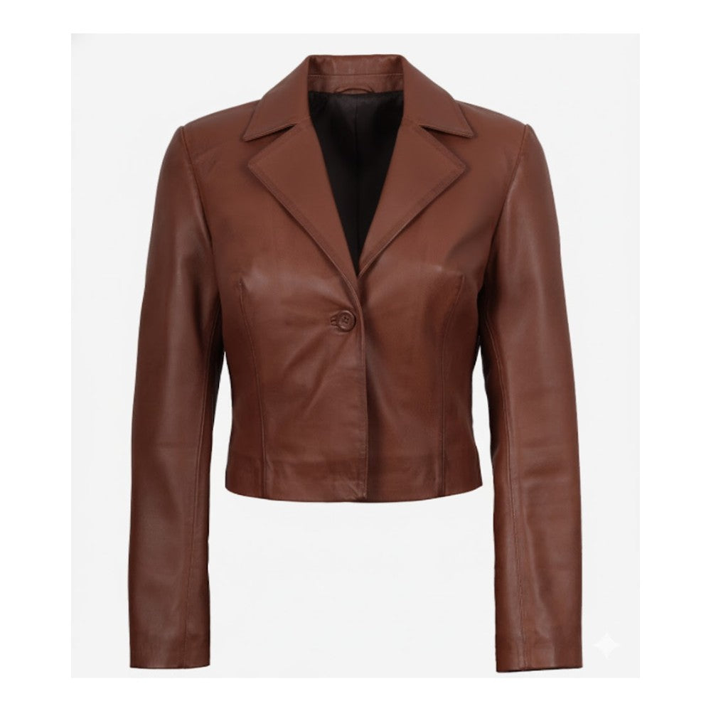 Women's Single-Button Brown Leather Jacket