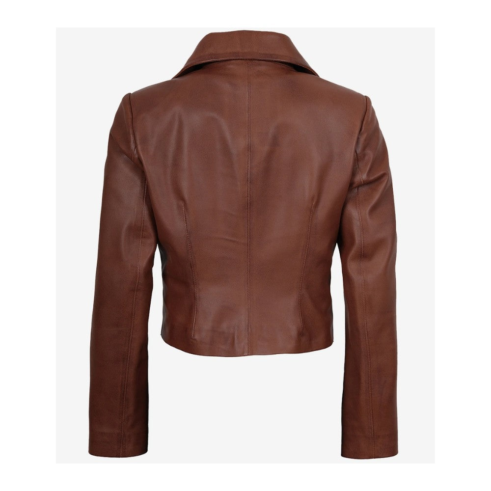 Women's Single-Button Brown Leather Jacket