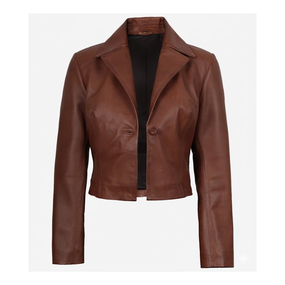 Women's Single-Button Brown Leather Jacket