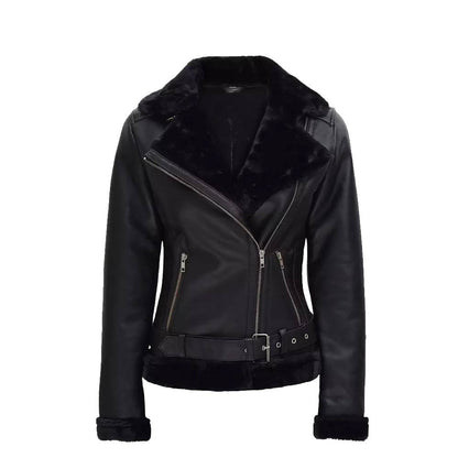 Women's Black Shearling Biker Jacket