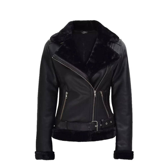 Women's Black Shearling Biker Jacket