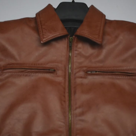 Premium men’s tan brown genuine leather jacket with classic shirt collar and slim fit design